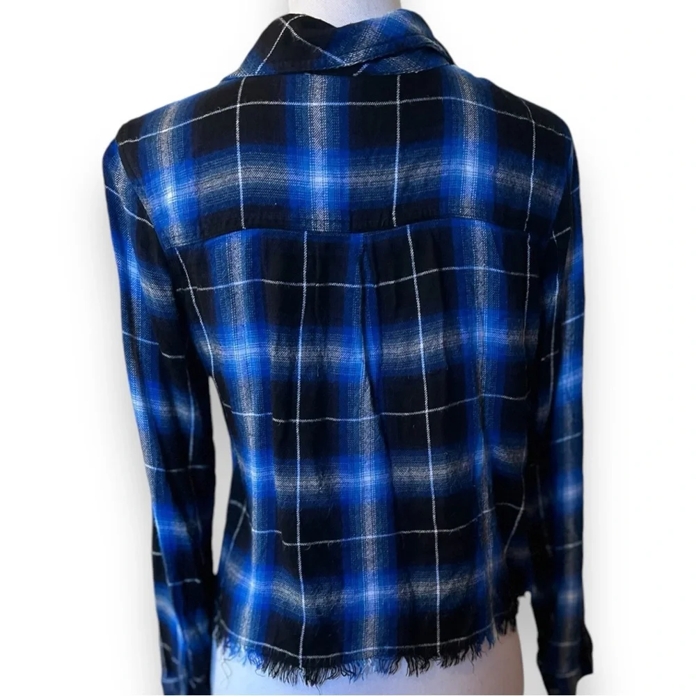Justice Cropped Electr  Blue Plaid Long Sleeve Button Down Fringed Flannel - Picture 3 of 10